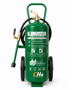 Extintor CHZ‑EXT‑Li para baterías de litio, ensayado NTA 8133. Controla fugas térmicas, reduce temperatura y evita propagación y reignición en incendios de ion‑litio. Capacidad de 25L.