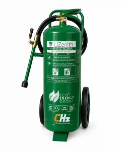 Extintor CHZ‑EXT‑Li para baterías de litio, ensayado NTA 8133. Controla fugas térmicas, reduce temperatura y evita propagación y reignición en incendios de ion‑litio. Capacidad de 50L.