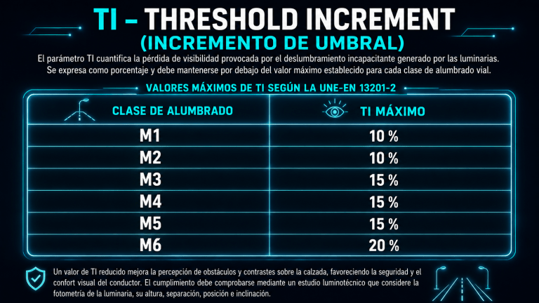 Infografía sobre el TI (Threshold Increment o Incremento de Umbral) en alumbrado vial. Explica que mide la pérdida de visibilidad causada por el deslumbramiento incapacitante y muestra los valores máximos según UNE-EN 13201-2: M1 y M2, 10 %; M3, M4 y M5, 15 %; M6, 20 %. Diseño tecnológico en tonos azul cian sobre fondo oscuro.