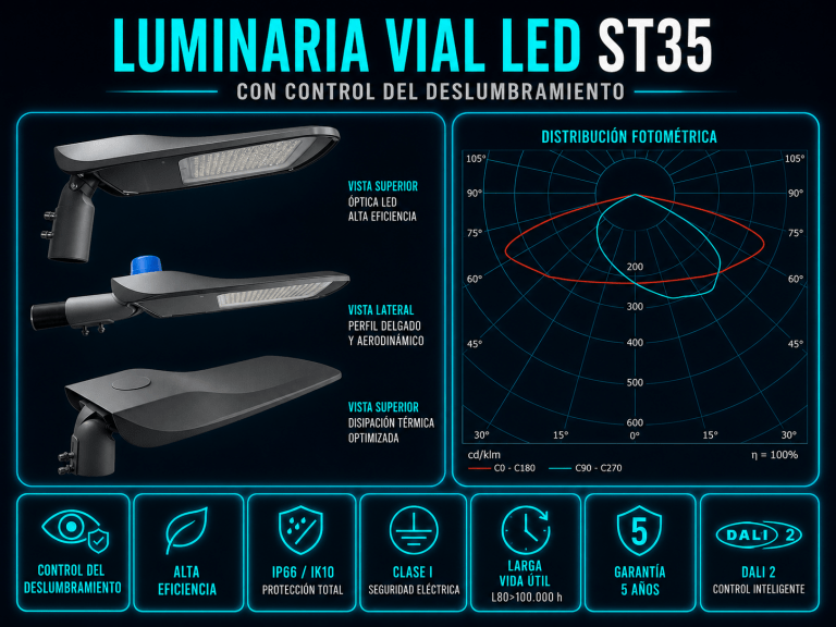 Luminaria vial LED CHZ ST35 con distintas posiciones de montaje y curva fotométrica para una distribución asimétrica de la luz en calzada.