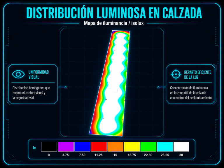 Mapa de falsos colores de un estudio DIALux para alumbrado vial LED, con distribución de iluminancia en calzada entre 0 y 30 lux.