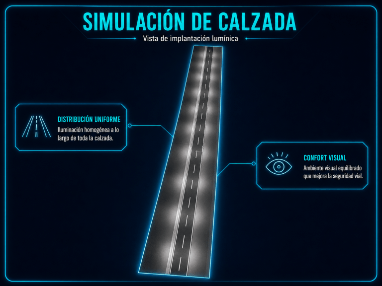 Render 3D de una carretera recta utilizado para simular alumbrado vial LED, distribución luminosa y niveles de luminancia en calzada.