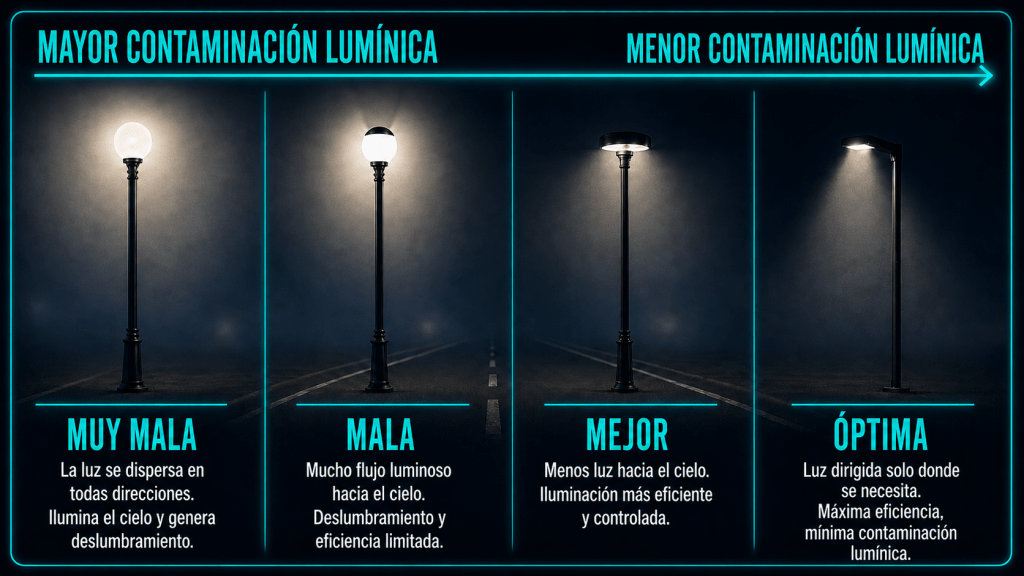 Tabla de valores objetivo del incremento de umbral TI en iluminación vial para vías M1 a M6 y criterios de diseño óptico.
