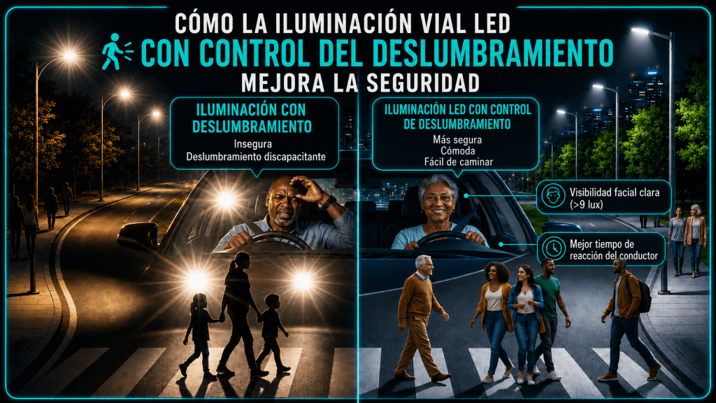 Iluminación vial LED con control del deslumbramiento: seguridad, normativa y ópticas profesionales