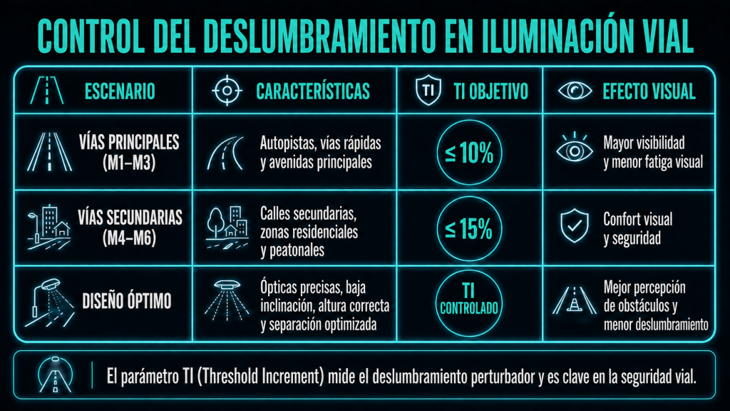 Parámetros de luminancia, uniformidad y TI en alumbrado vial LED