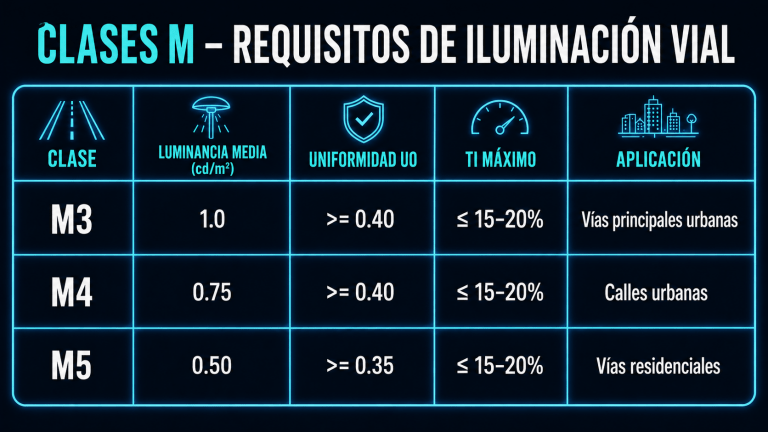 Tabla de requisitos de iluminación vial para clases M3, M4 y M5 con luminancia media, uniformidad Uo, TI máximo y aplicación en vías urbanas.
