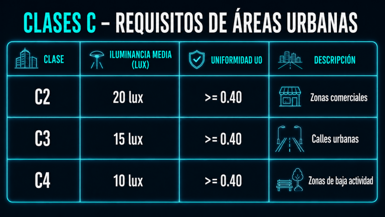 Tabla de requisitos de alumbrado para clases C2, C3 y C4 en áreas urbanas, con iluminancia media y uniformidad para zonas comerciales, calles y espacios de baja actividad.