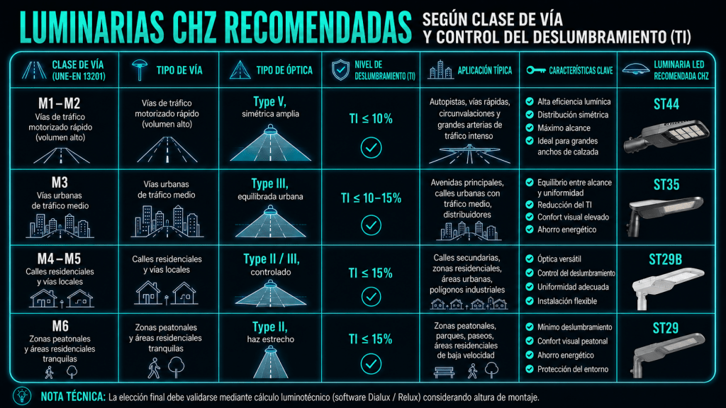 Luminarias viales LED CHZ recomendadas según clases M1 a M6 de la UNE-EN 13201, con ópticas, aplicaciones y control del deslumbramiento TI.