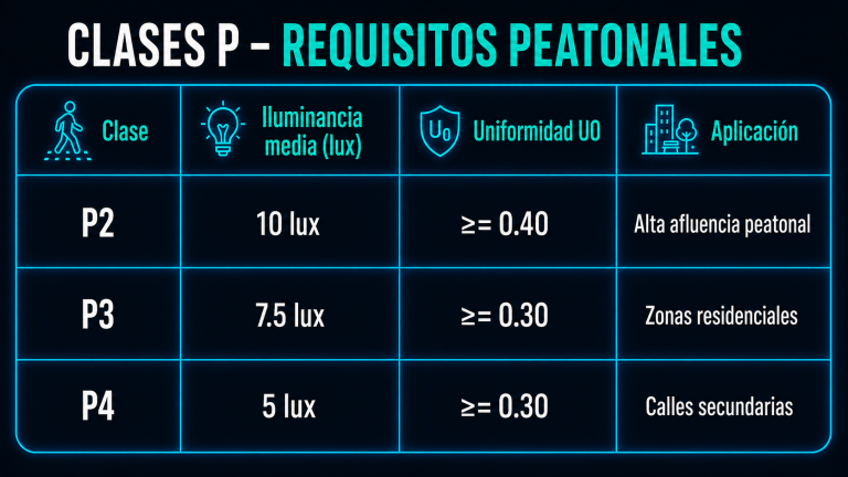 Requisitos de iluminación peatonal según clases P2, P3 y P4, con niveles de iluminancia media y uniformidad para zonas residenciales y calles secundarias.