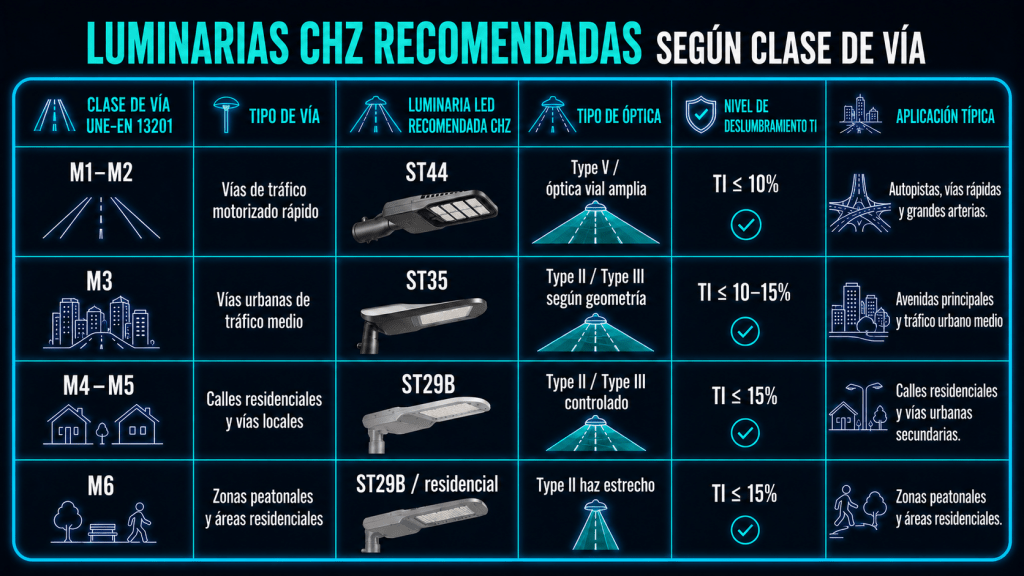 Luminarias viales LED CHZ recomendadas según clases M1 a M6 de la UNE-EN 13201, con ópticas, aplicaciones y control del deslumbramiento TI.