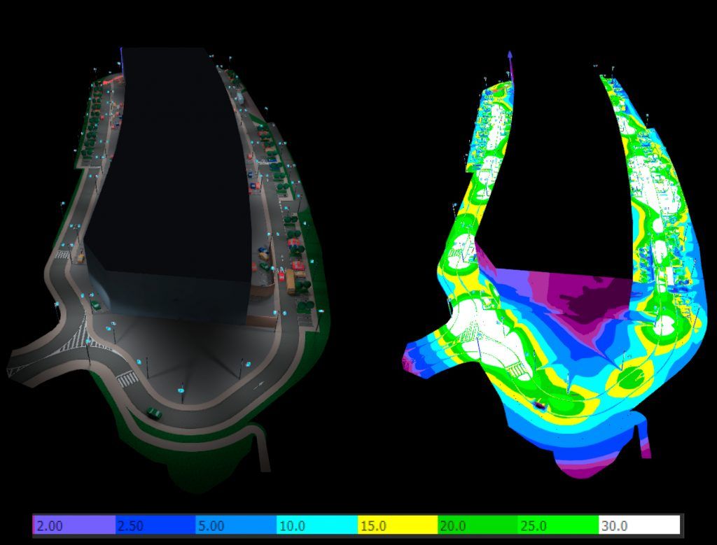 Estudio luminotécnico DIALux de alumbrado vial con mapa de isolíneas y niveles de iluminancia entre 2 y 30 lux.