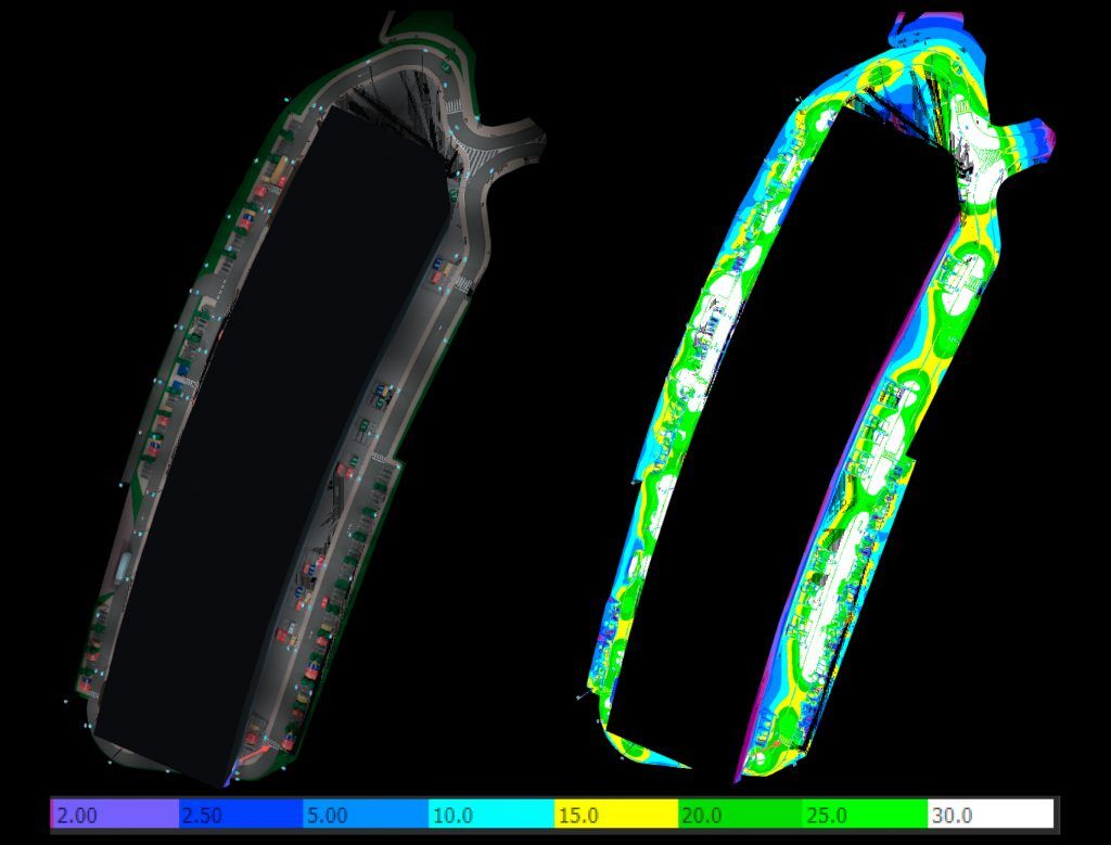 Estudio luminotécnico DIALux de alumbrado vial con mapa de isolíneas y niveles de iluminancia entre 2 y 30 lux.