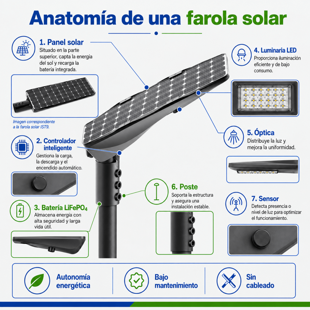 Componentes de una farola solar profesional IST9: panel, batería, luminaria y controlador
