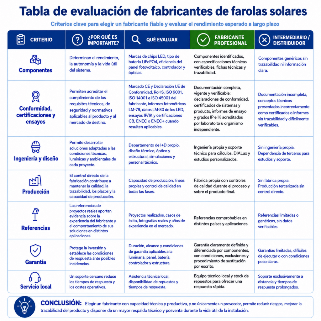 Tabla de evaluación de fabricantes solares