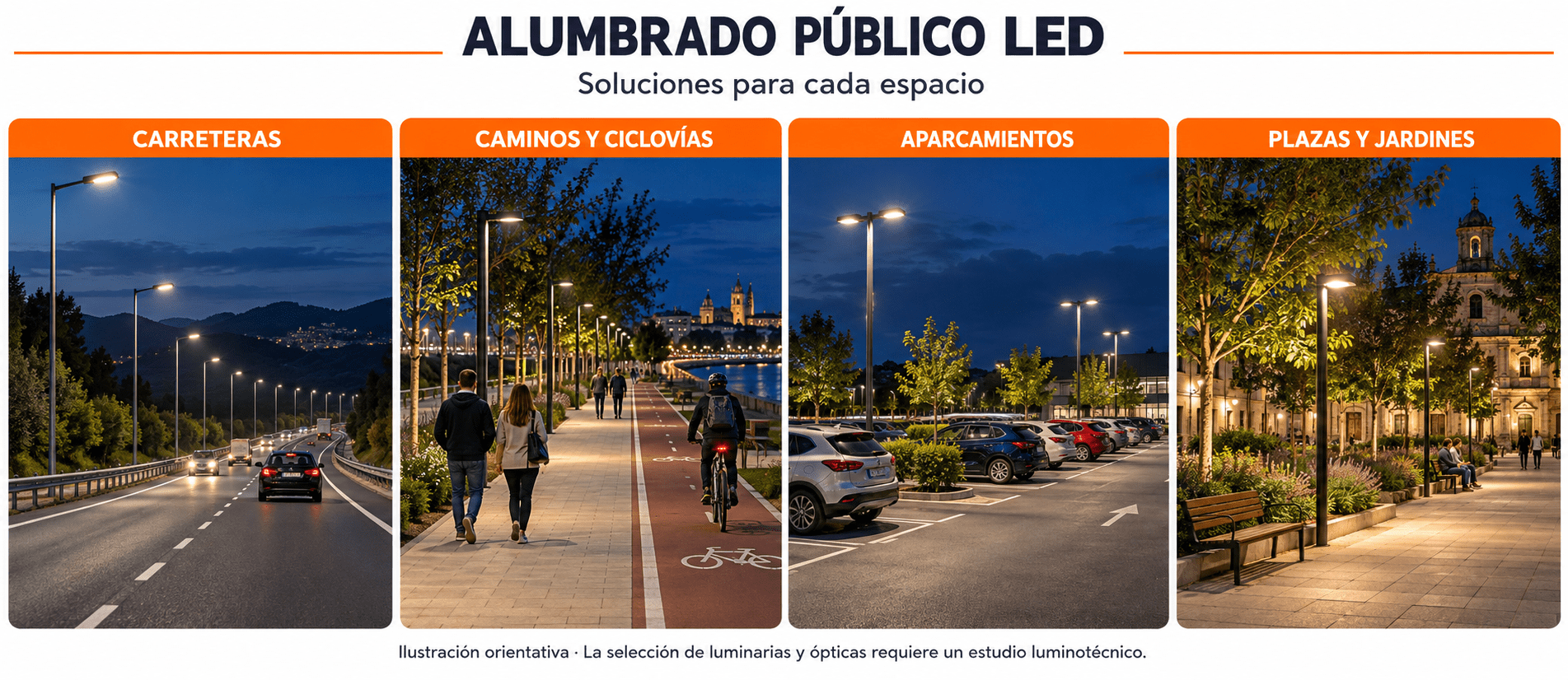 Aplicaciones del alumbrado público LED en carreteras, caminos y ciclovías, aparcamientos, plazas y jardines