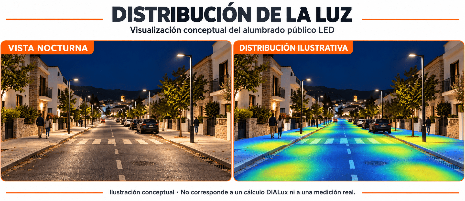 Vista nocturna de una calle y representación conceptual de la distribución de la luz